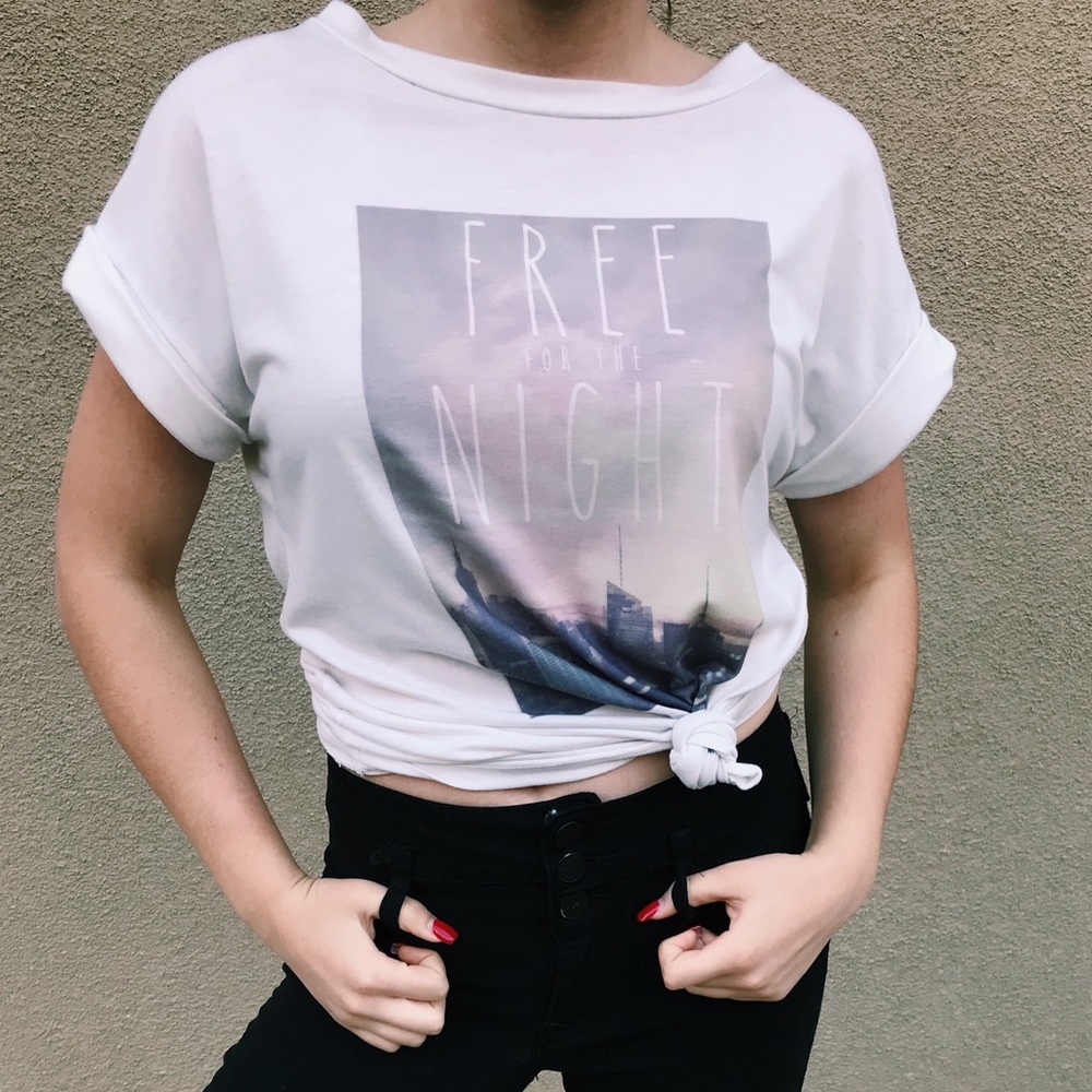 White “free for the night” tshirt
